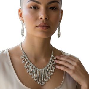 Silver Crystal Waterfall‎ Necklace & Earring Set Wedding vintage Look Jewelry